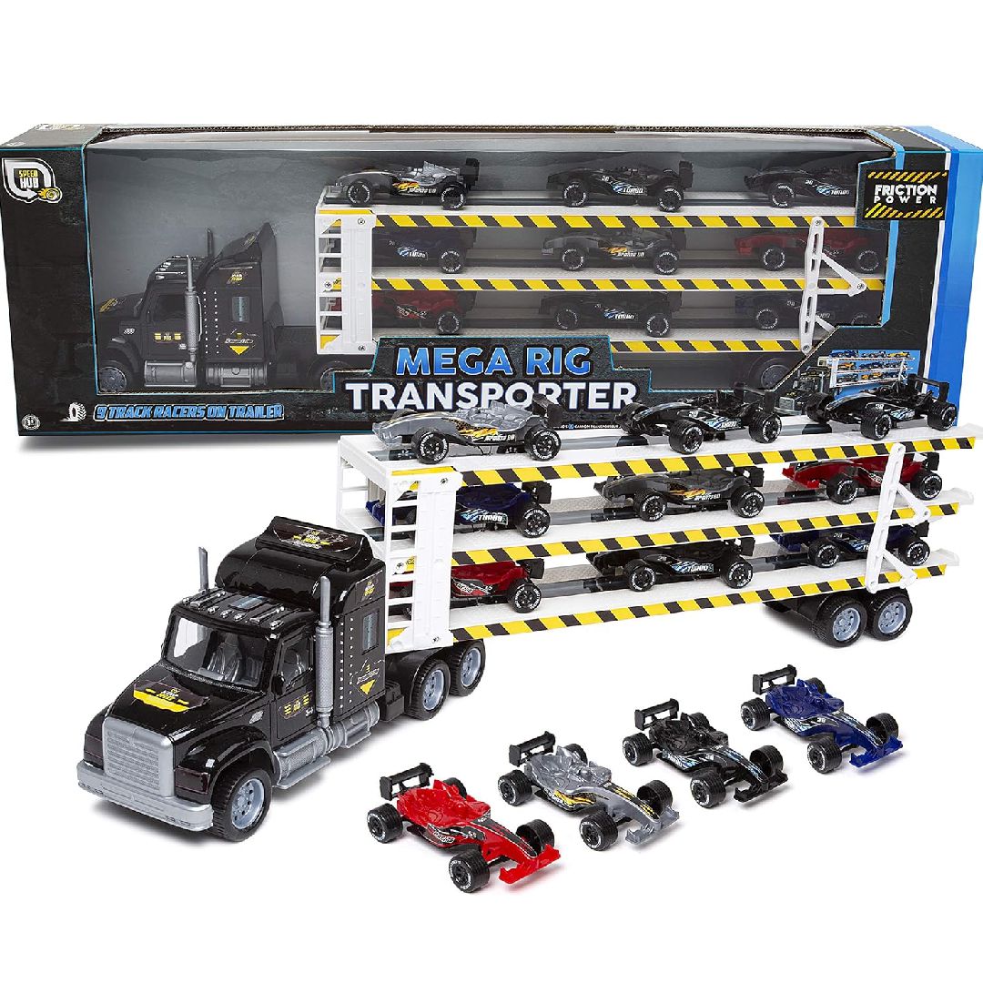 Mega Rig Friction Powered Transporter Trailer Truck 9 Track Racer Cars